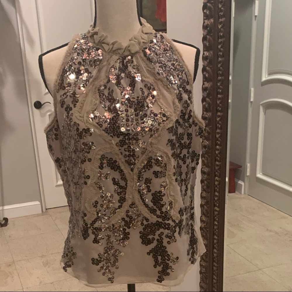 Taupe gold sequined design top BNWOT
